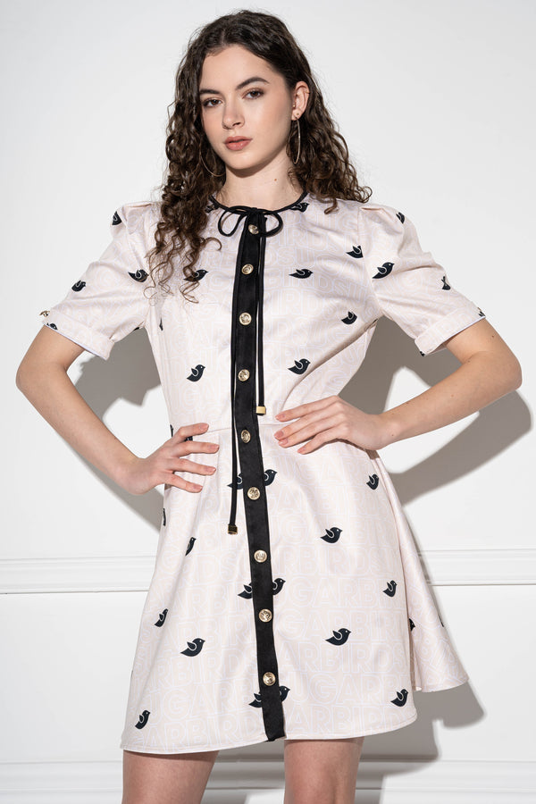 Rura-Ruslan Mini Beige Bird Monogram Dress